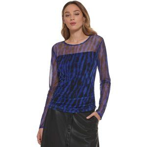 NWT DKNY Printed Mesh Knit Long-Sleeve Ruched Top P2JHVGPC XXS Deep Cobalt Blue